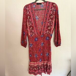 Zesica Long Sleeve Floral Wrap Dress Red Size Medium